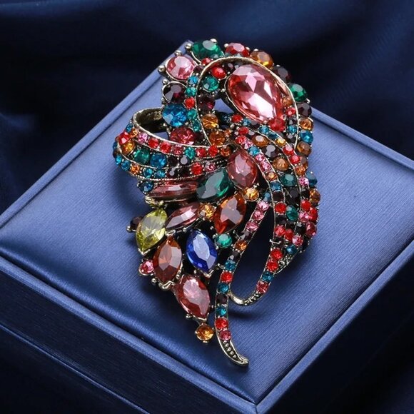 2/$24 Colorful Crystal Multicolored Feather Brooch Pin Rhinestones NWT - Picture 7 of 8
